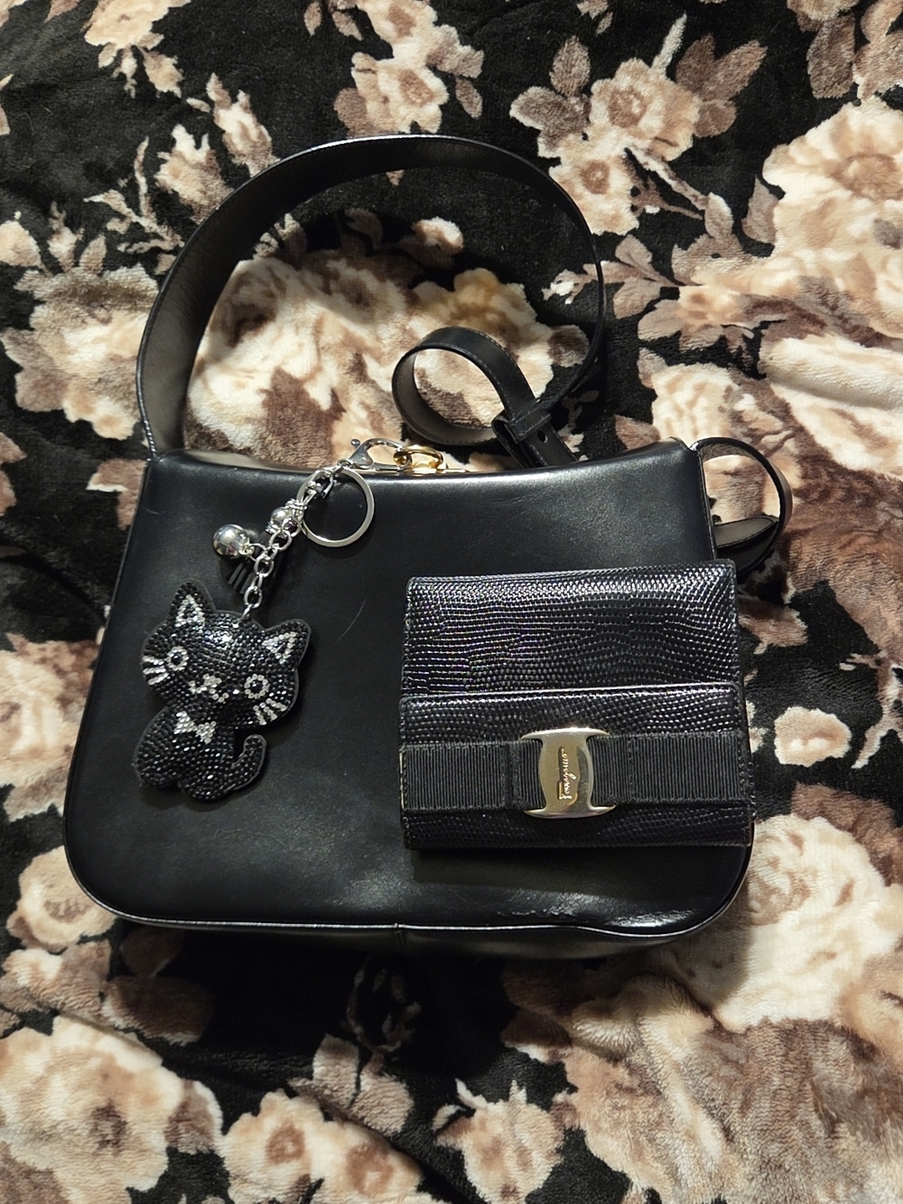 Salvatore Ferragamo Black Leather Shoulder Bag with Black Wallet and Cat Charm